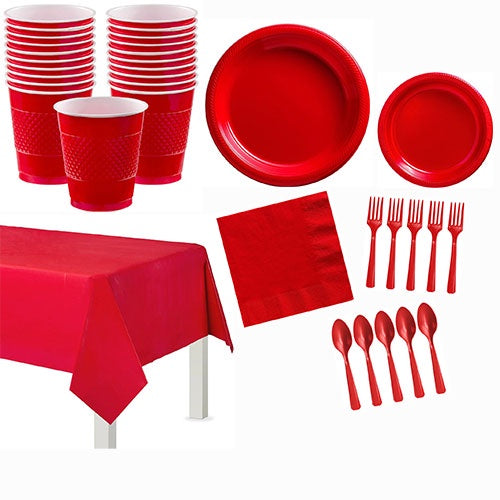 KIT  de Manteles, Platos, Vasos y Cubiertos en color Rojo