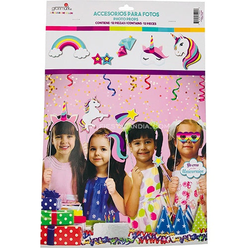 ACCESORIOS PARA FOTOS  TEMA UNICORNIOS (12 PIEZAS)